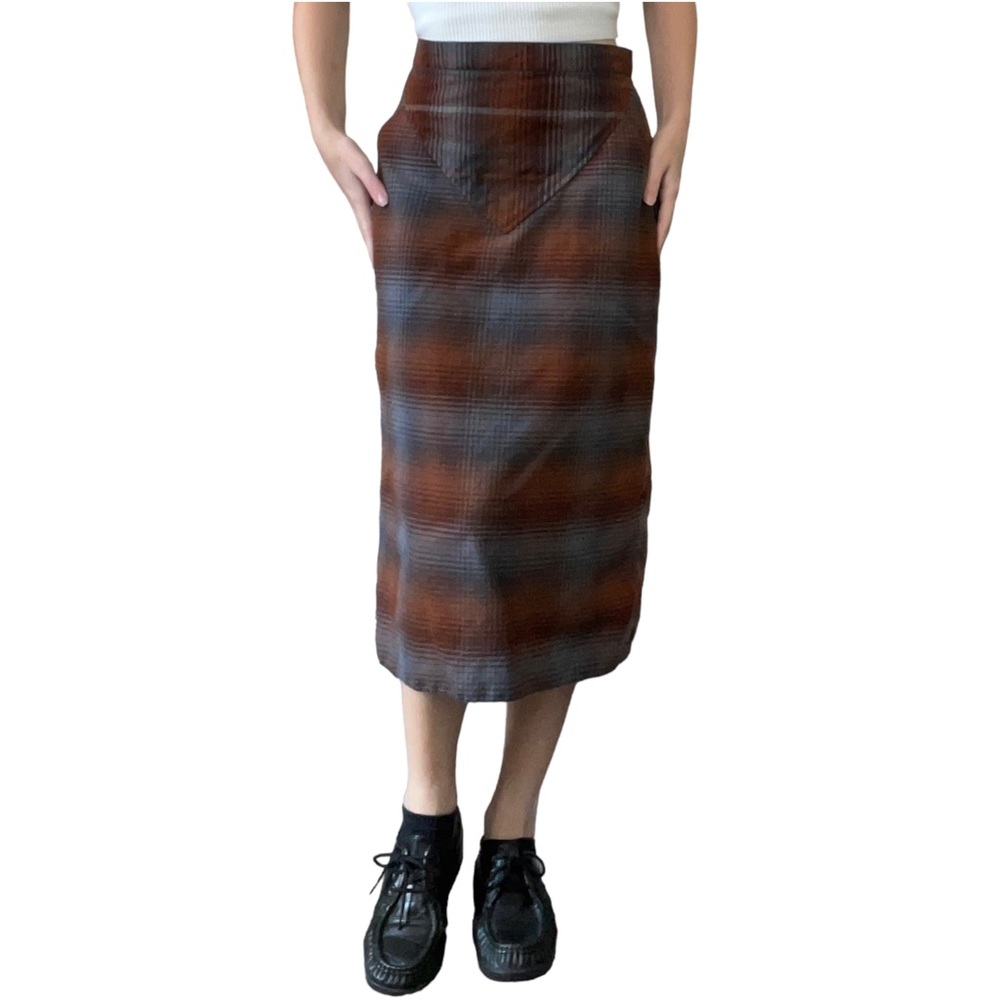 Vintage Autumnal Downtown Girl 60s Style Plaid Orange  Brown Retro Maxi Skirt